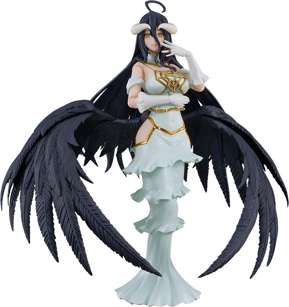 Figma Overlord Albedo action figure in white dress and black wings isolated on a plain white background.
