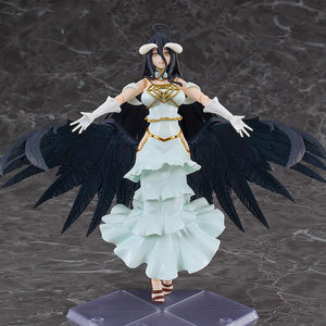 Overlord figma Albedo action figure in a hovering pose with black wings spread wide open and flared dress skirt.