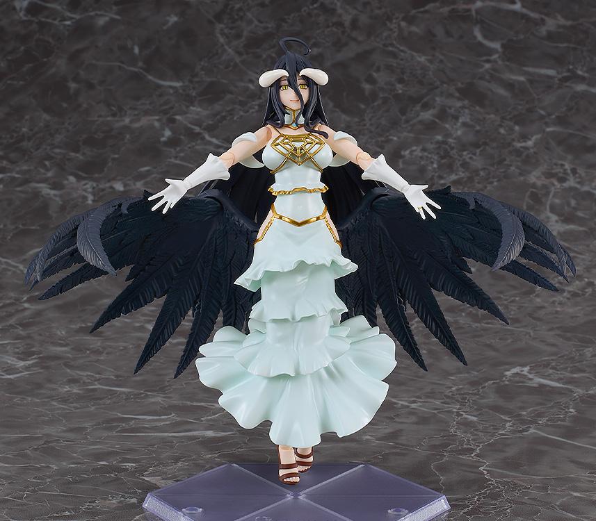 Overlord figma Albedo action figure in a hovering pose with black wings spread wide open and flared dress skirt.