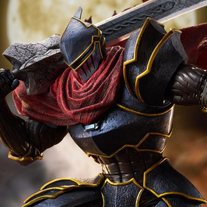 Detailed close-up of Momon POP UP PARADE SP figure's knight armor visor and greatsword hilt.