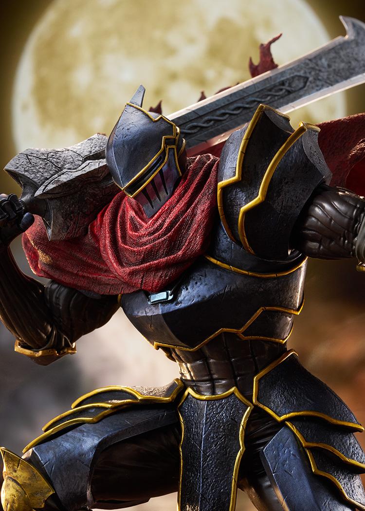 Detailed close-up of Momon POP UP PARADE SP figure's knight armor visor and greatsword hilt.