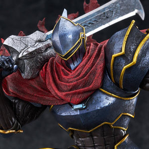Close-up portrait of Momon POP UP PARADE SP figure showcasing armored helmet and textured red cowl.