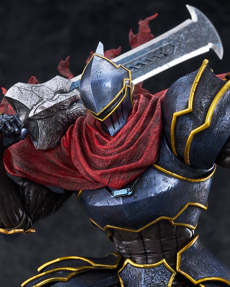 Close-up portrait of Momon POP UP PARADE SP figure showcasing armored helmet and textured red cowl.