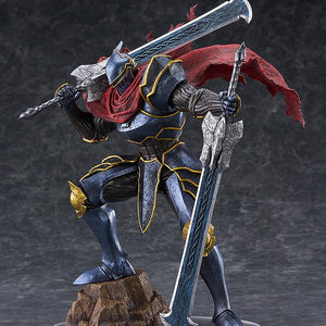 Full view of Momon POP UP PARADE SP figure standing on clear base displaying dark armor and red cape.