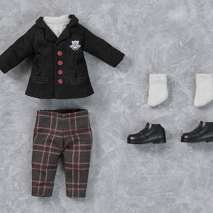 Flat lay of the Persona 5 Royal protagonist Nendoroid Doll box contents including cloth uniform, socks, and magnetic shoes.