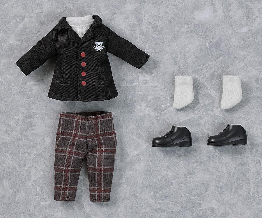 Flat lay of the Persona 5 Royal protagonist Nendoroid Doll box contents including cloth uniform, socks, and magnetic shoes.