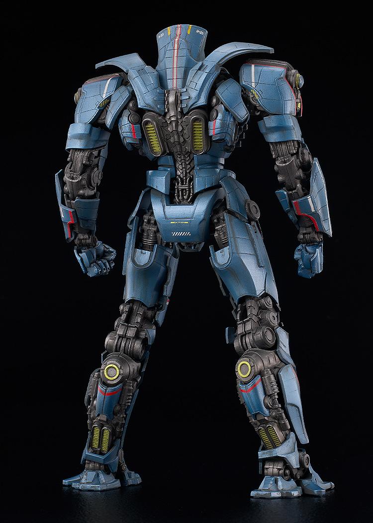 Rear view of MODEROID Gipsy Danger plastic model kit displaying detailed back armor thrusters and hydraulic leg mechanics.