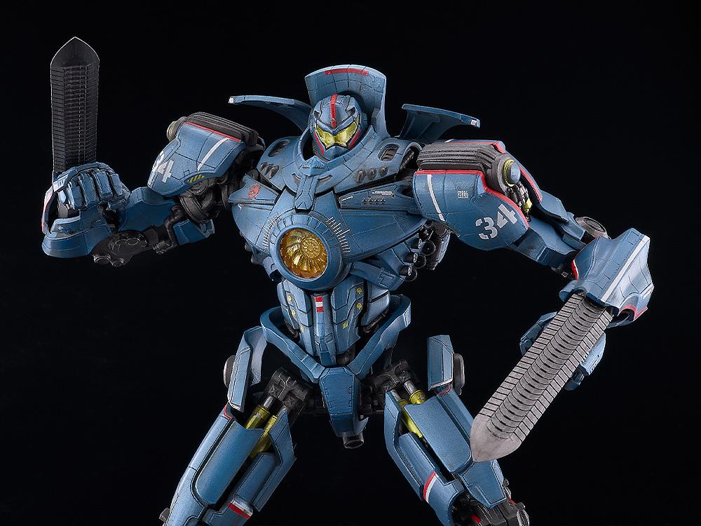 Close-up of MODEROID Gipsy Danger plastic model kit equipped with dual rigid Chain Sword forearm blade accessories.