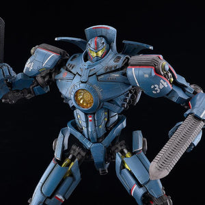 Close-up of MODEROID Gipsy Danger plastic model kit equipped with dual rigid Chain Sword forearm blade accessories.