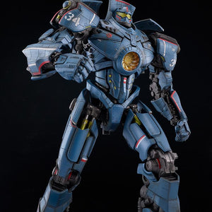 Low-angle close-up view of MODEROID Gipsy Danger model kit highlighting the nuclear vortex chest turbine and shoulder decal 34.