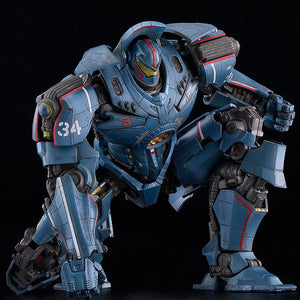 Dynamic crouching superhero landing stance of MODEROID Gipsy Danger plastic model kit demonstrating articulation range.