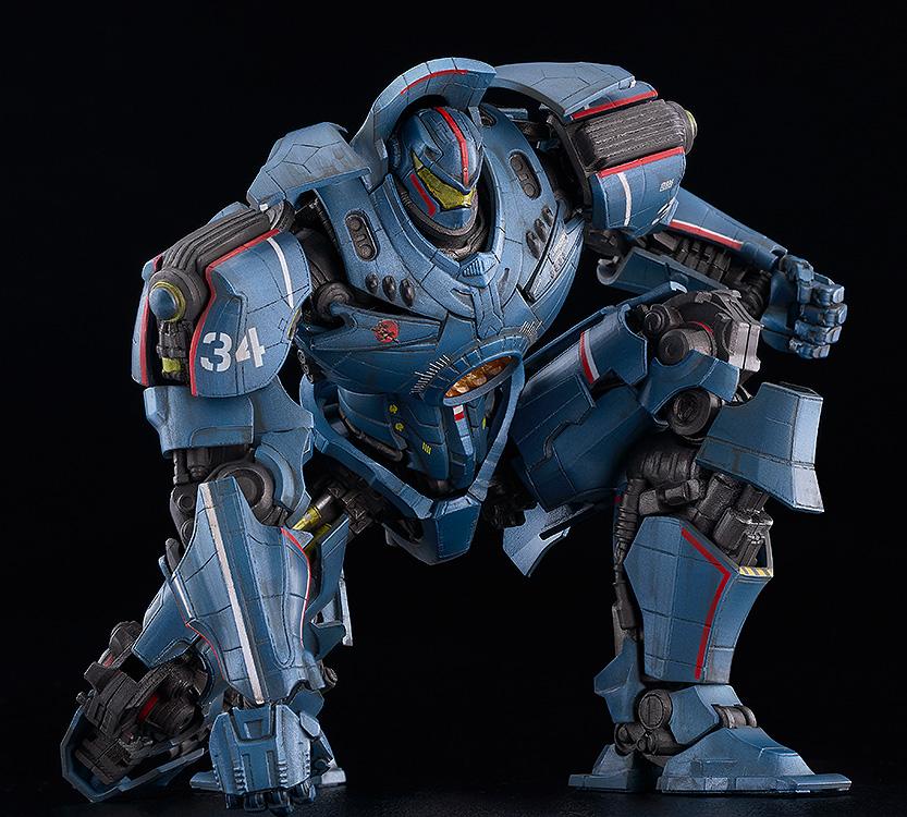 Dynamic crouching superhero landing stance of MODEROID Gipsy Danger plastic model kit demonstrating articulation range.