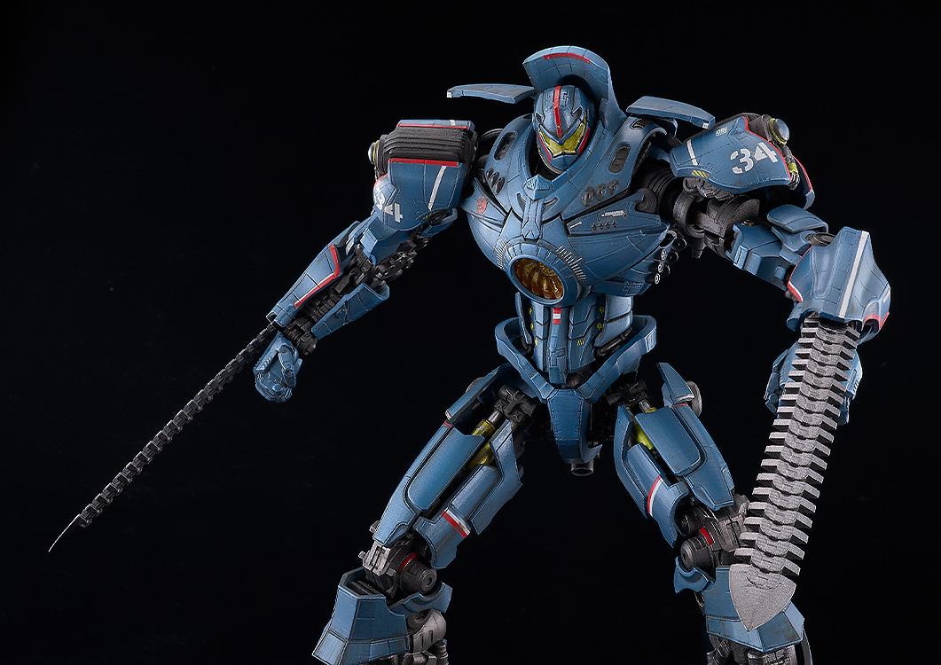 Upper body action shot of MODEROID Gipsy Danger plastic model kit wielding fully extended whip-style Chain Swords.