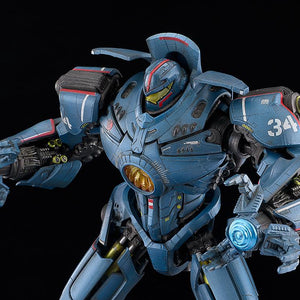 Action view of MODEROID Gipsy Danger model kit utilizing dual Plasma Cannon arm attachments with translucent blue energy effects.
