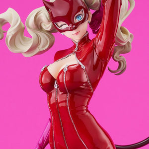 A close-up shot of the Panther figure's face, showing her blue eyes, red mask, and the detailed zipper work on her Phantom Thief attire.