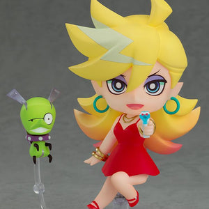 Dynamic mid-air combat pose of the Panty Nendoroid figure pointing her signature gun forward with Chuck floating on a display arm.