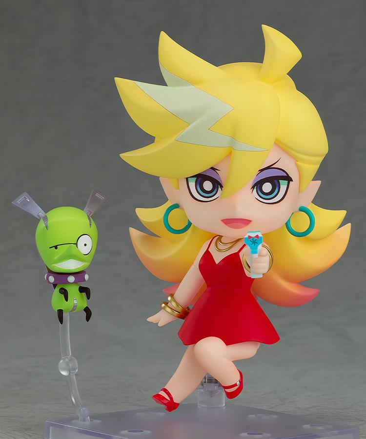 Dynamic mid-air combat pose of the Panty Nendoroid figure pointing her signature gun forward with Chuck floating on a display arm.
