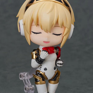 Nendoroid Aigis 2.0 figure with the smiling face plate, posed sweetly with her hands near her chest.
