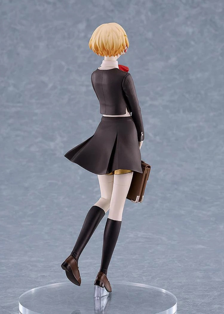 Back view of the Pop Up Parade Aigis figure, showing the pleats of her skirt and the brown school bag carried behind her.