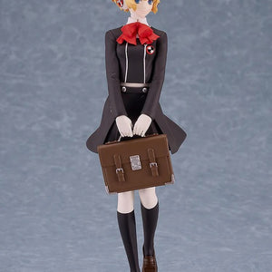 Full view of the Pop Up Parade Aigis figure against a plain grey background, holding the school bag in front of her.