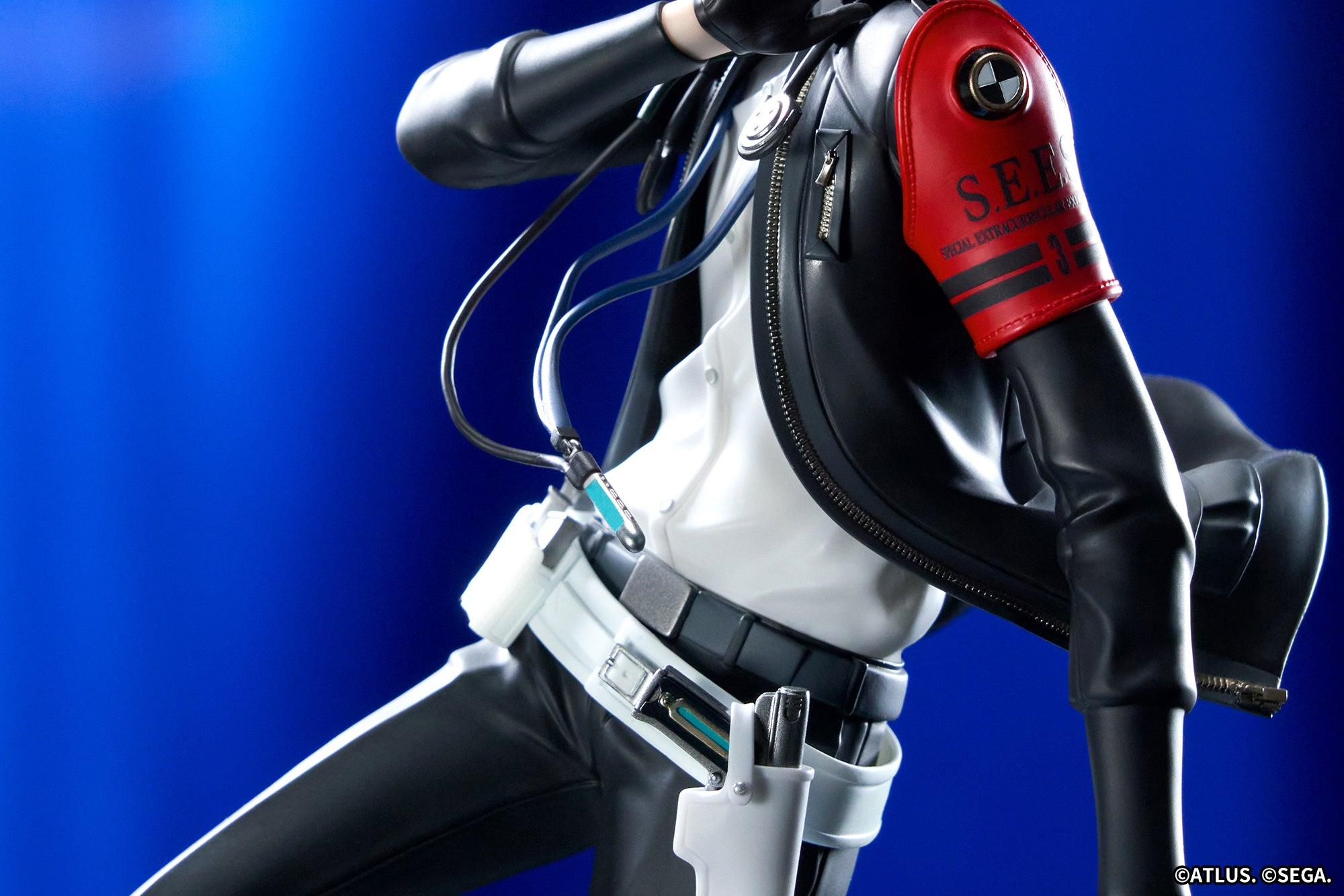 Detail shot of the red S.E.E.S. armband, audio jack cord, and white holster under rich blue atmospheric illumination.