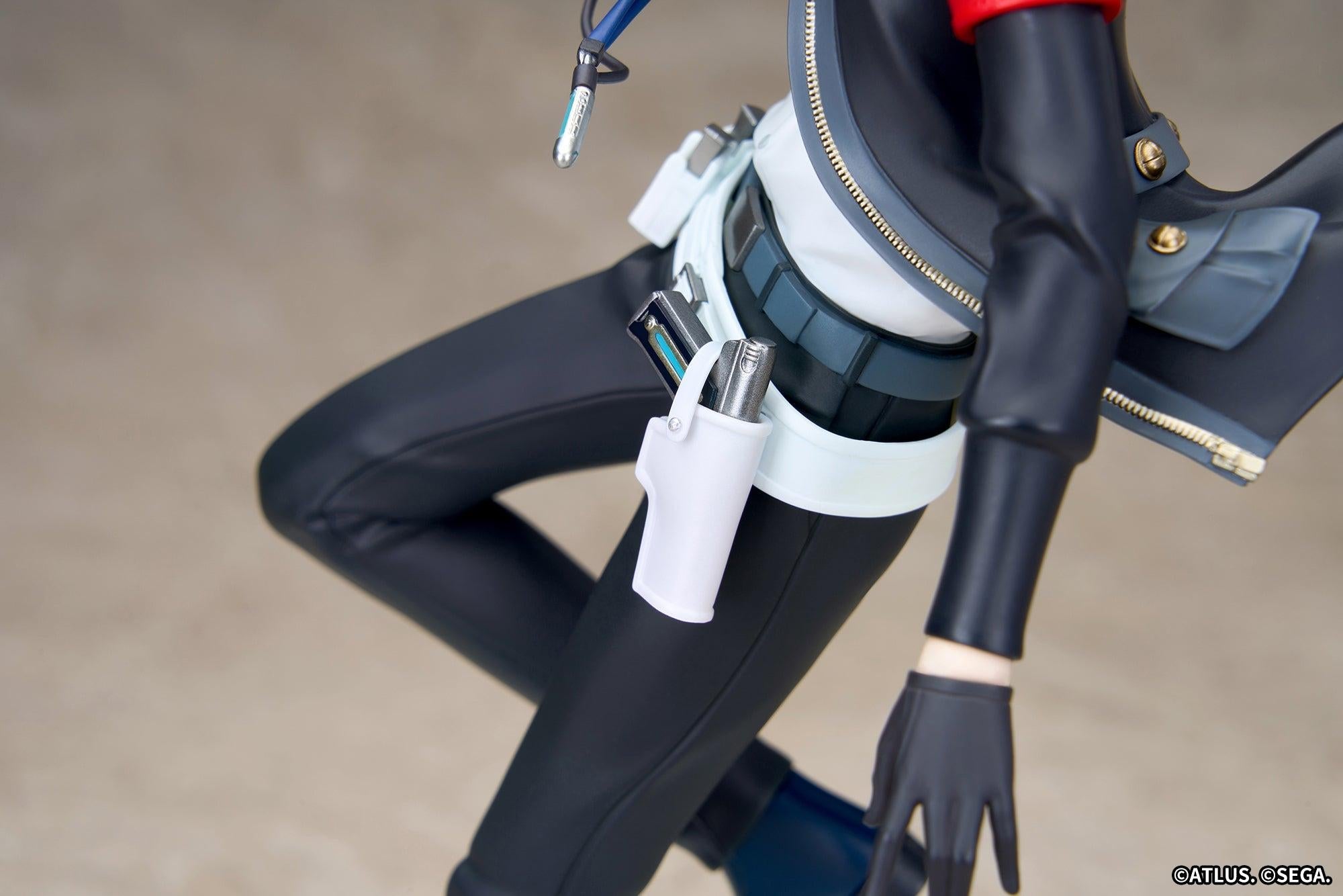 Macro view of the white hip holster and Evoker gun grip equipped on the Persona 3 Reload Protagonist 1/8 scale figure.