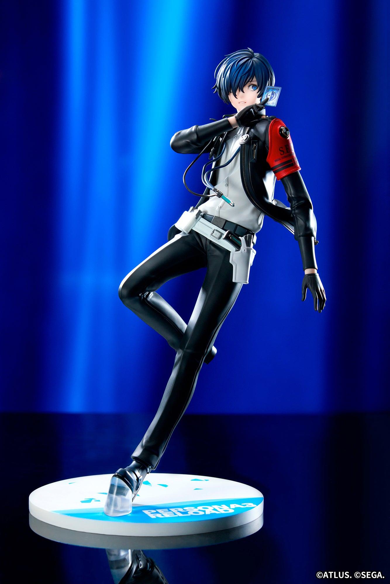 Front display perspective of the Apex Toys Persona 3 Reload Protagonist 1/8 scale figure against a vibrant blue spotlight backdrop.