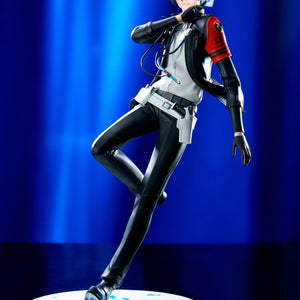 Front display perspective of the Apex Toys Persona 3 Reload Protagonist 1/8 scale figure against a vibrant blue spotlight backdrop.