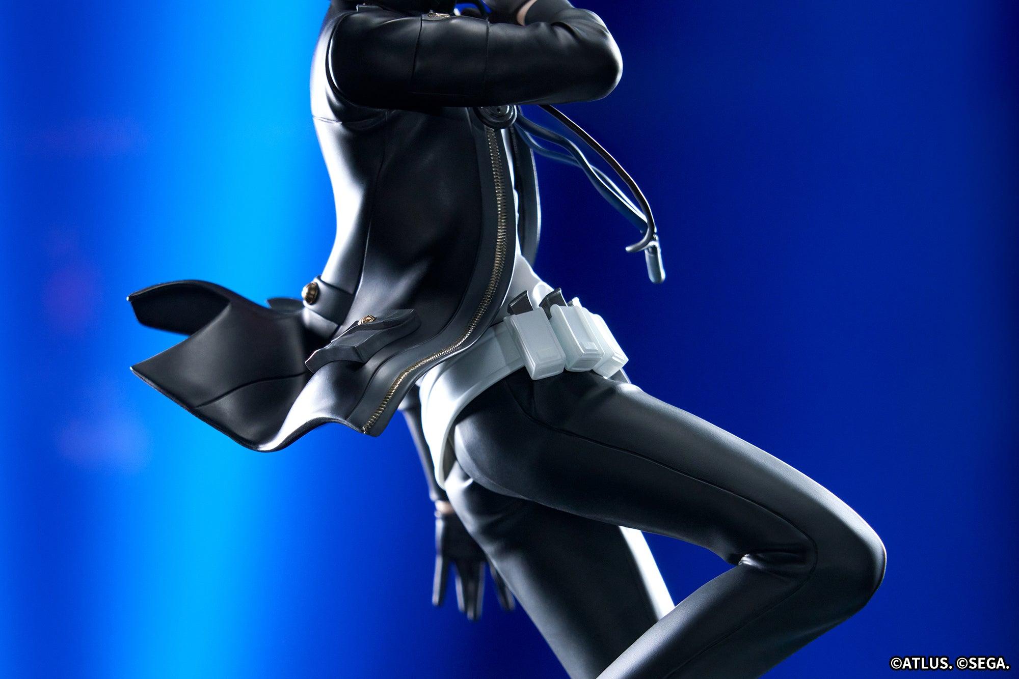 Close-up shot of the fluttering jacket tail and white ammunition pouches on the Persona 3 Reload Protagonist figure in blue lighting.