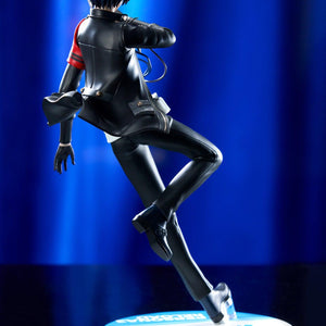 Rear full-length display of the Persona 3 Reload Protagonist figure highlighted by cool blue theatrical lighting.