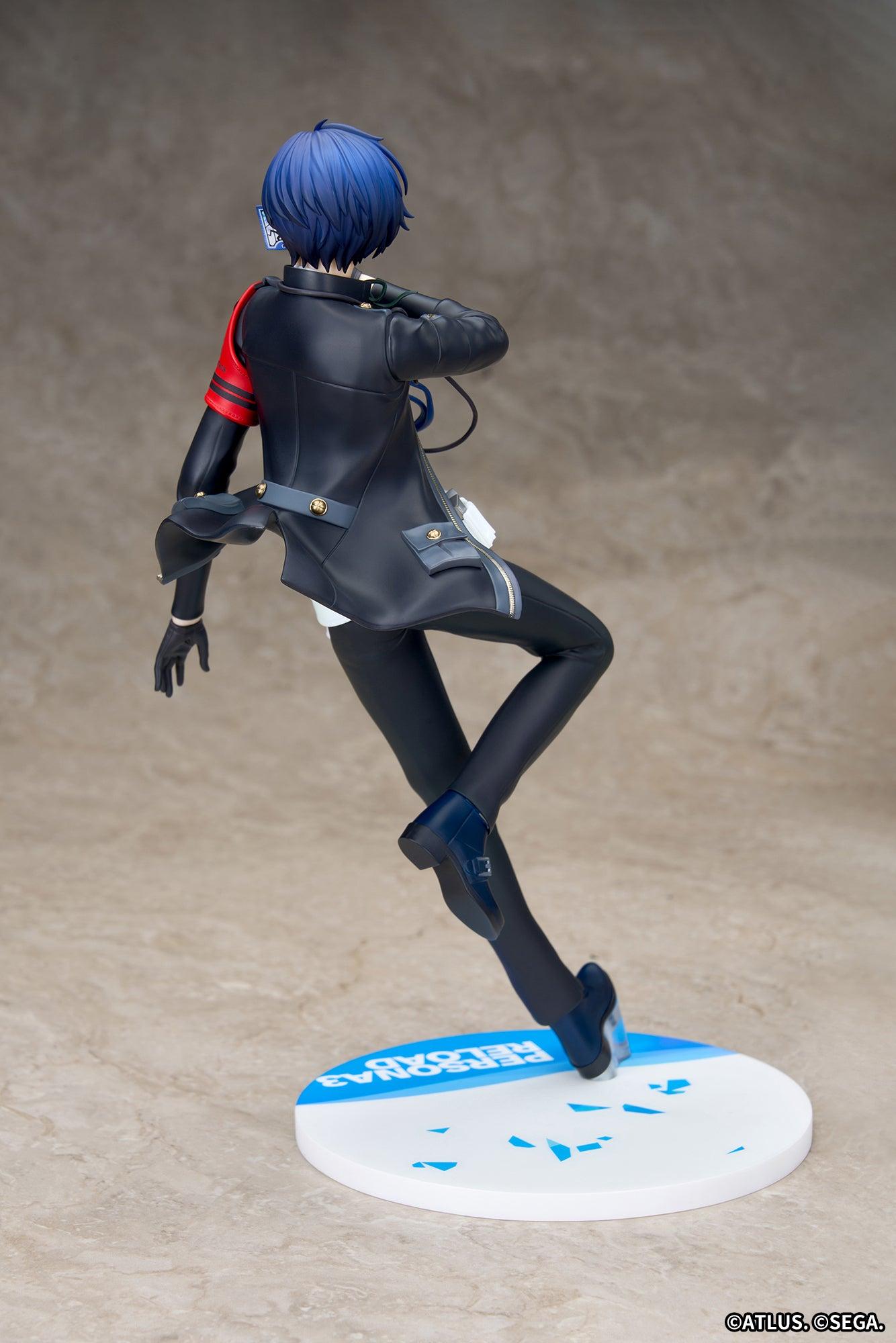 Rear view of the 9.25-inch Persona 3 Reload Protagonist figure showing the fluttering black uniform jacket and mid-motion stance.