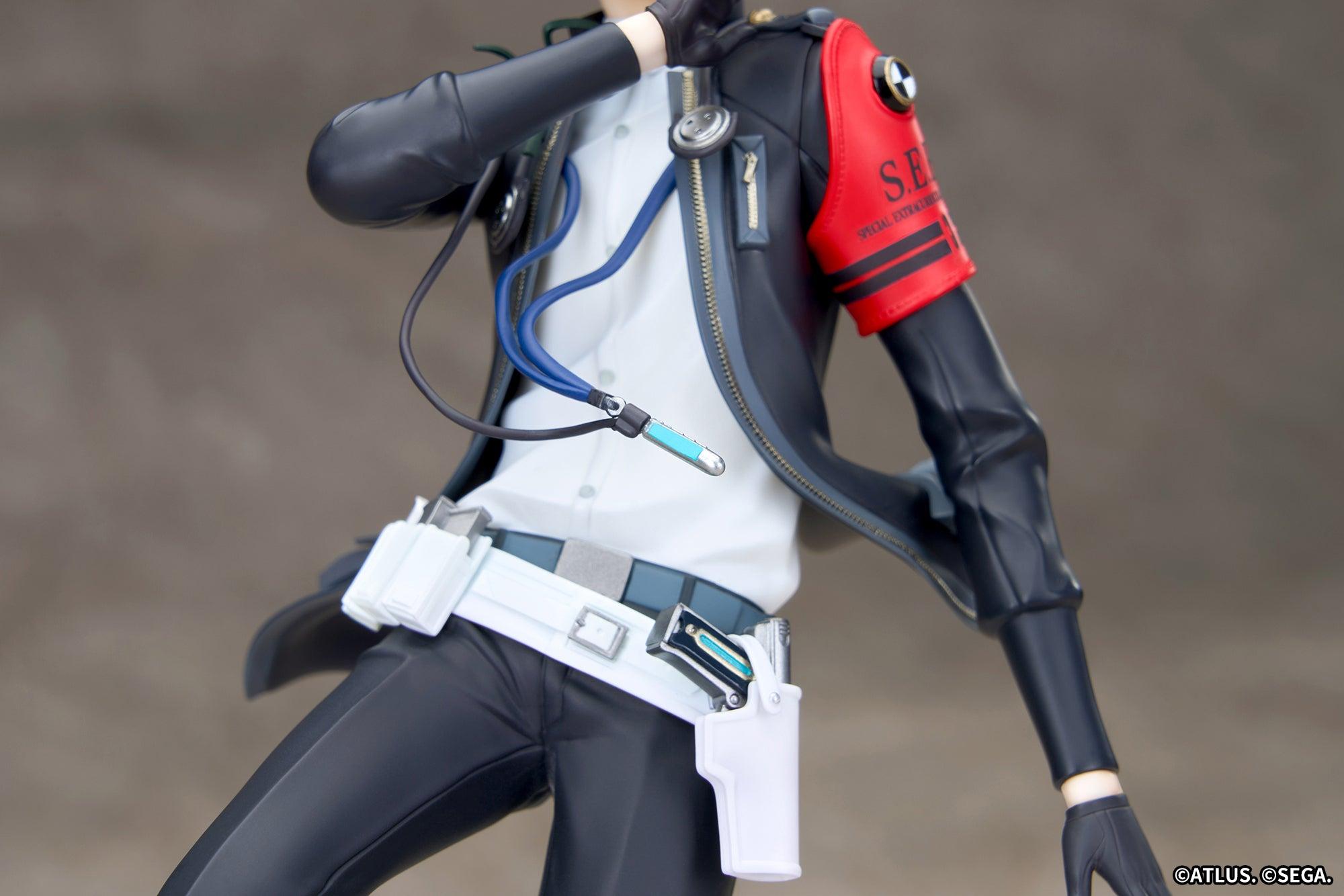 Detailed midsection shot of the Persona 3 Reload Protagonist figure showing the white Evoker holster, belt, and earphone cord.