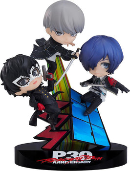 Full-body front view of the Nendoroid More Persona 30th Anniversary Collaboration Vignette figure showcasing the Persona 3, 4, and 5 protagonists on a logo base against a white background.
