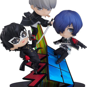 Full-body front view of the Nendoroid More Persona 30th Anniversary Collaboration Vignette figure showcasing the Persona 3, 4, and 5 protagonists on a logo base against a white background.