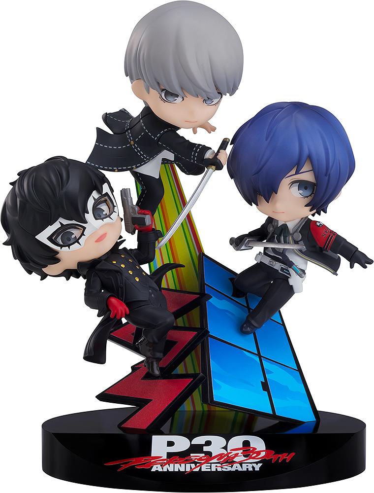 Full-body front view of the Nendoroid More Persona 30th Anniversary Collaboration Vignette figure showcasing the Persona 3, 4, and 5 protagonists on a logo base against a white background.