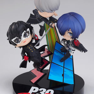 High-angle full display of the Nendoroid More Persona 30th Anniversary Collaboration Vignette figure showing all three protagonists and the P30th logo base on a light gray background.