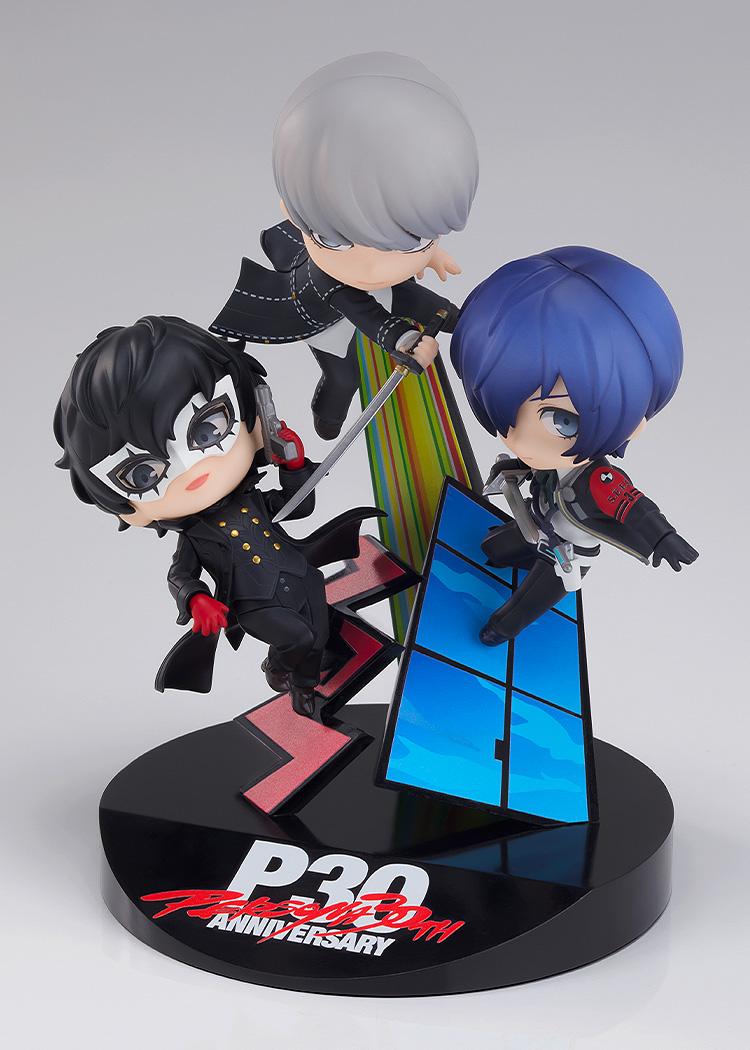 High-angle full display of the Nendoroid More Persona 30th Anniversary Collaboration Vignette figure showing all three protagonists and the P30th logo base on a light gray background.