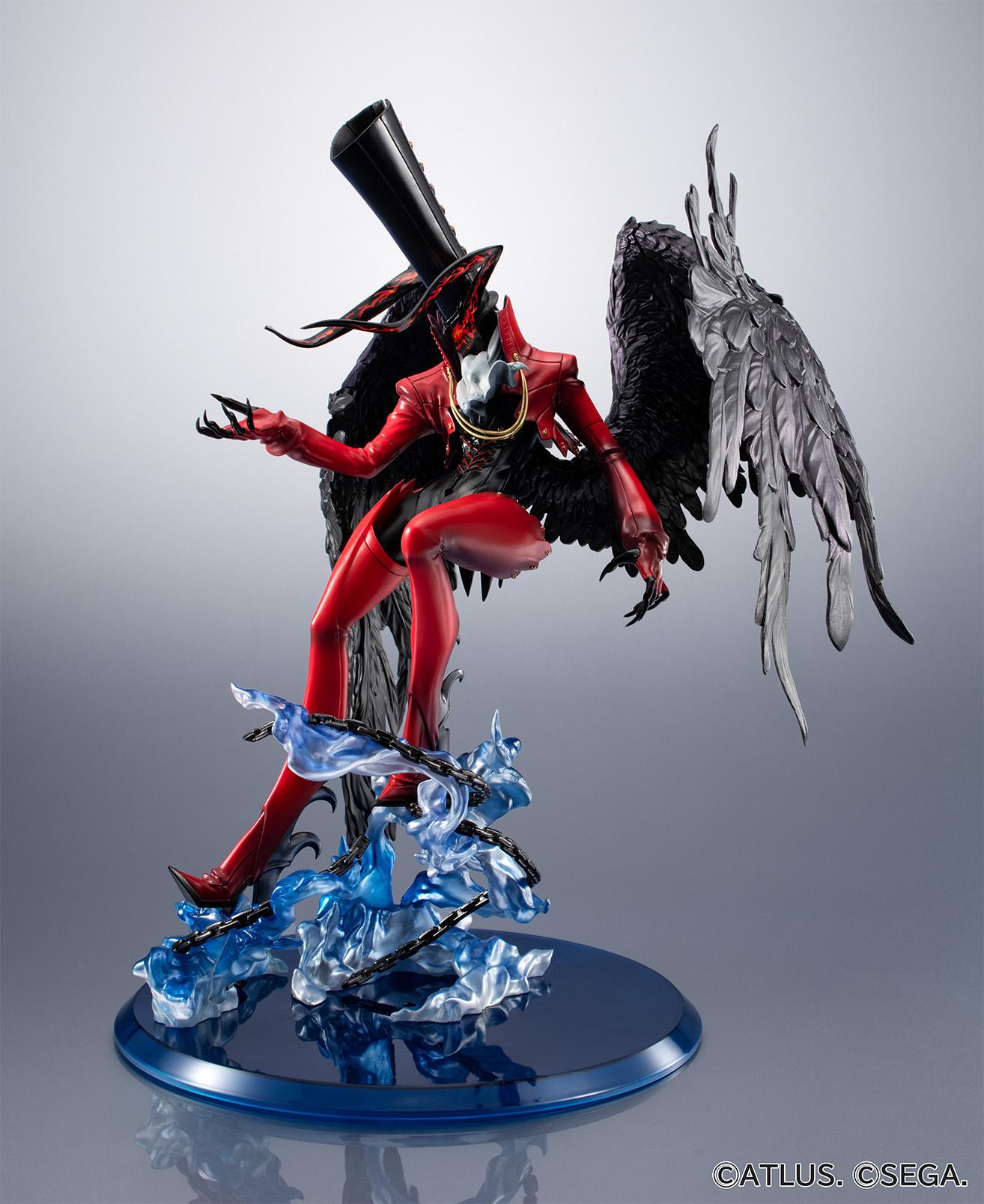 Megahouse Game Character Collection DX Persona 5 Arsene 30th Anniversary Edition figure rising from translucent blue flame base with chains.