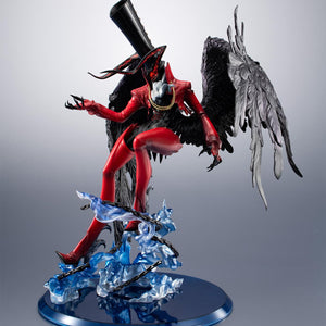 Megahouse Game Character Collection DX Persona 5 Arsene 30th Anniversary Edition figure rising from translucent blue flame base with chains.