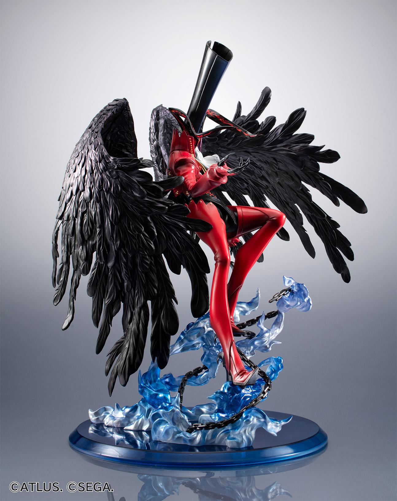 Side angle of Persona 5 Arsene Game Character Collection DX figure highlighting expansive feathered black wings and swirling blue summoning fire.