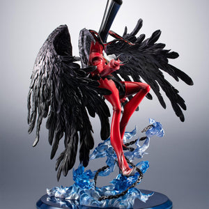 Side angle of Persona 5 Arsene Game Character Collection DX figure highlighting expansive feathered black wings and swirling blue summoning fire.