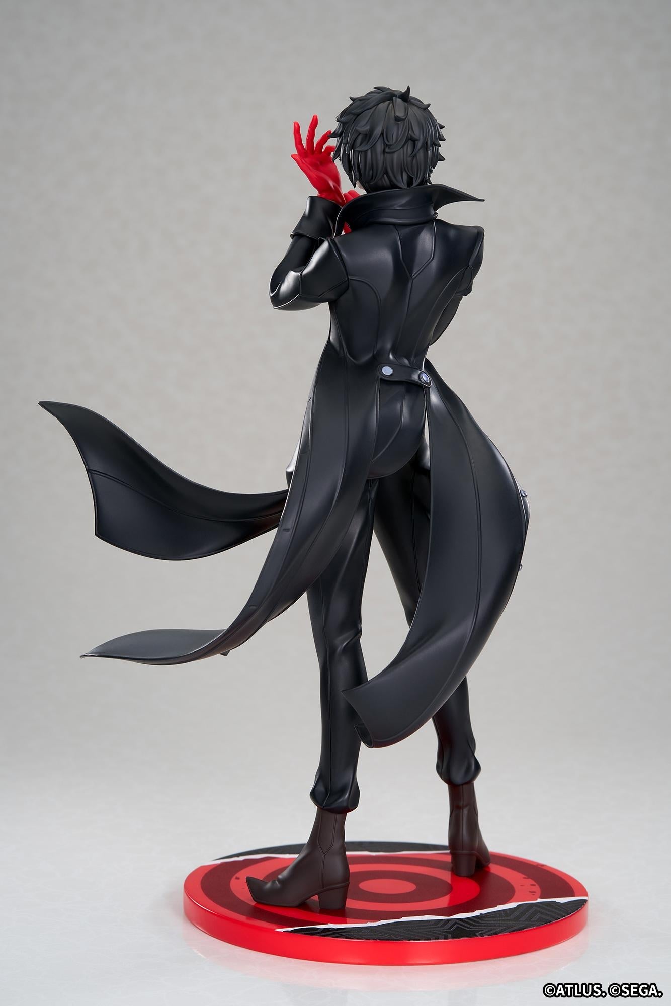 Back view of the Persona 5 Royal Joker 1/8 scale statue showcasing the long, wind-blown coat tails of his iconic black Phantom Thief outfit.