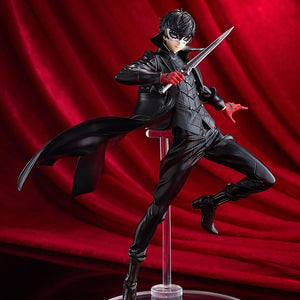 Dynamic full-body shot of the 8.26-inch Joker statue on a clear display stand, featuring his flowing black trench coat.