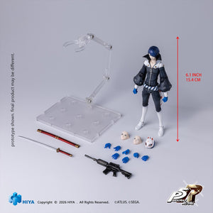 Flat lay display of the Hiya Toys 1/12 scale Persona 5 Royal Fox action figure shown with all accessories, including extra faces, hands, kitsune mask, katana, rifle, and stand.