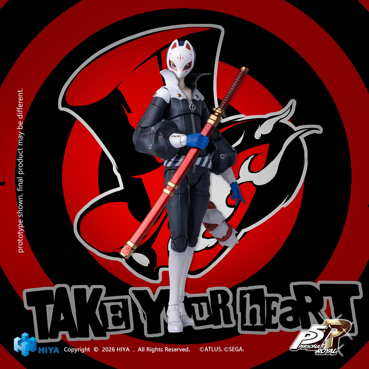 Masked Persona 5 Royal Fox action figure holding a sheathed red katana across his chest on a Take Your Heart background.