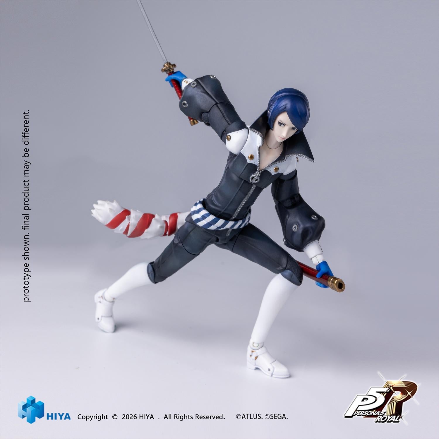 Unmasked Persona 5 Royal Fox 1/12 scale action figure in a dynamic crouching combat pose drawing his katana.