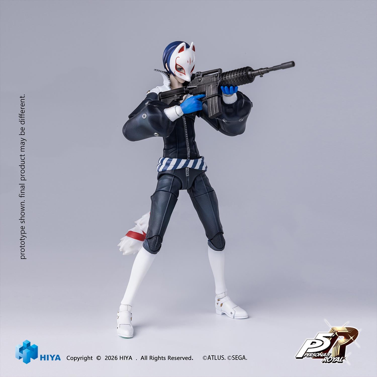 Standing Hiya Toys Persona 5 Royal Fox figure wearing his kitsune mask while holding and aiming a black rifle.