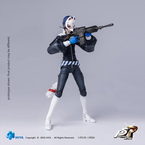 Standing Hiya Toys Persona 5 Royal Fox figure wearing his kitsune mask while holding and aiming a black rifle.