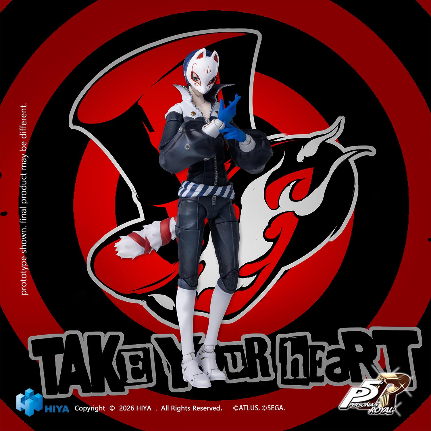 Persona 5 Royal Fox action figure wearing his kitsune mask adjusting his blue gloves set against a red and black Take Your Heart background graphic.