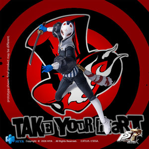 Masked 1/12 scale Persona 5 Royal Fox action figure in an aggressive sword-slashing pose against a stylized Persona 5 logo graphic.